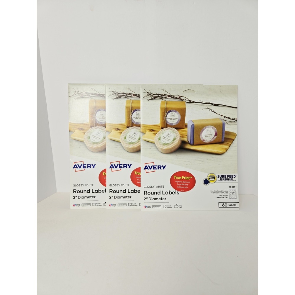 Avery True Print Glossy White Round Labels 2" Diameter 60 labels x 3 NEW sticker